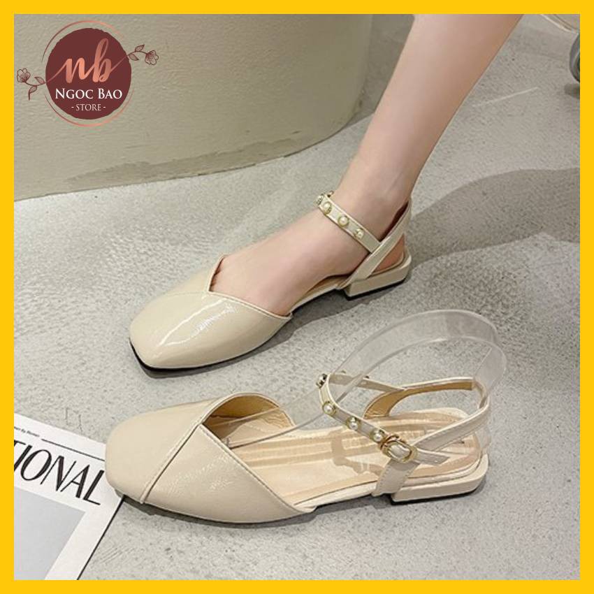 Giày sandal nữ bít mũi quai cài đính ngọc da bóng cao cấp cực xinh, búp bê nữ quai cài đi học, đi làm