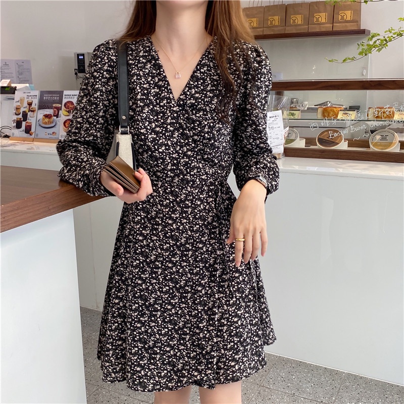 Đầm voan hoa SUXI dài tay cổ tim xinh xắn phong cách Hàn Quốc dành cho nữ