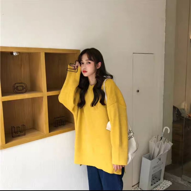 (SẴN+ảnh thật) Áo len trơn form rộng xẻ tà phong cách Hàn Quốc | BigBuy360 - bigbuy360.vn