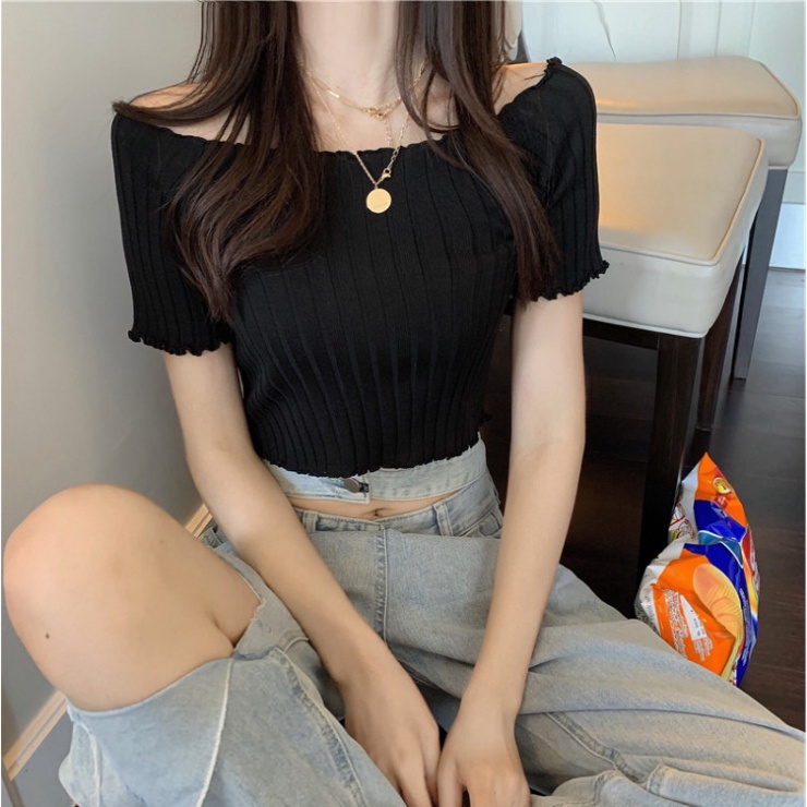 Áo dệt kim Croptop Kiểu Dệt Kim Ngắn Tay LUHAZO Ulzzang Sexy Phong Cách Hàn Quốc Xiaozhainv vn K4T3-1