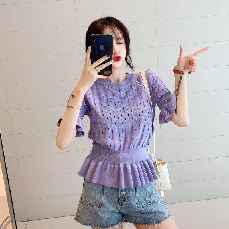 Áo Dệt Kim Tay Ngắn Dáng Ôm Thiết Kế Khoét Lỗ Thời Trang Quyến Rũ Cho Nữ