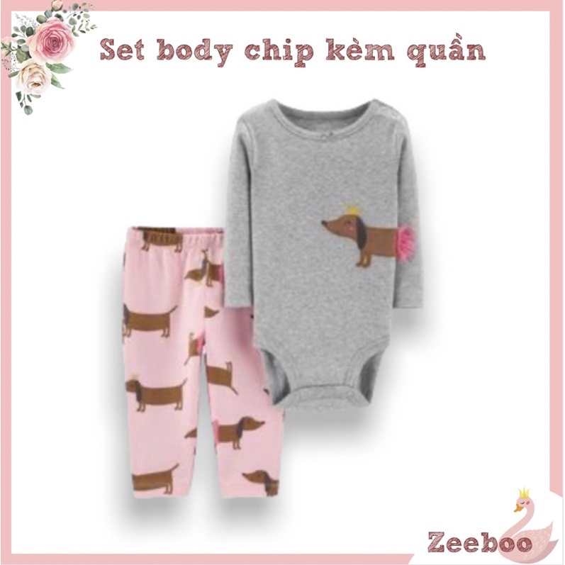 Set Body chip dài tay kèm quần cho bé gái 1 tuổi, Màu hồng xám chó dễ thương, chống hở bụng mùa đông cho bé