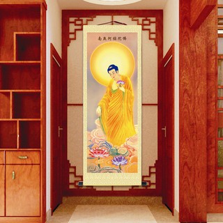 ♞₪▽Tranh Trung Quốc tượng Phật A Di Đà Tây phương ba cuộn thánh treo Quan âm Bồ tát vải lụa ảnh