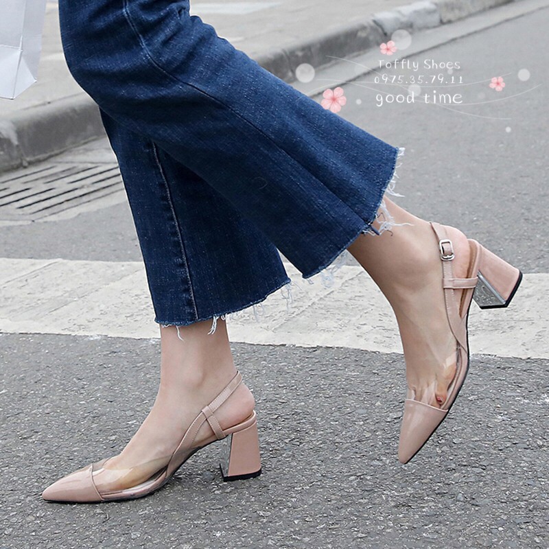 Giày cao gót Slingback phối mica gót ánh bạc