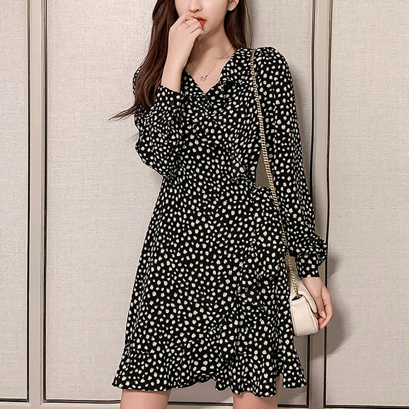 Fashion Autumn Long Sleeve Dresses For Women Korean Printing Dress Casual V-neck Lady Dress Ruffles Chiffon Ladies Dresses