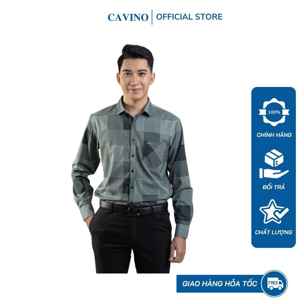 Áo sơ mi nam kẻ ô vuông 3D nâu rêu cao cấp 933 CAVINO dài tay công sở