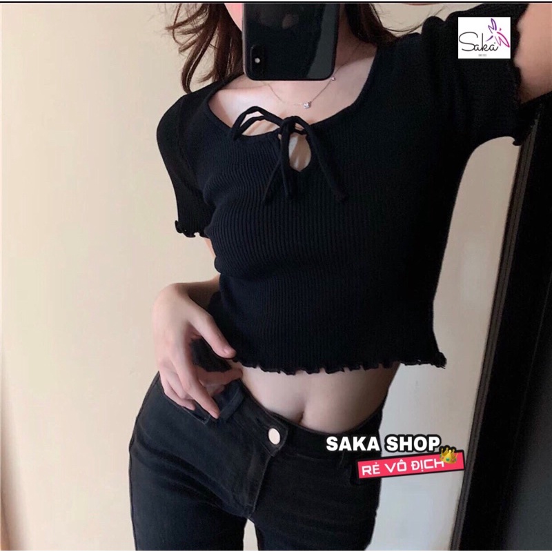 Áo thun buộc nơ cuốn biên vải đẹp màu pastel