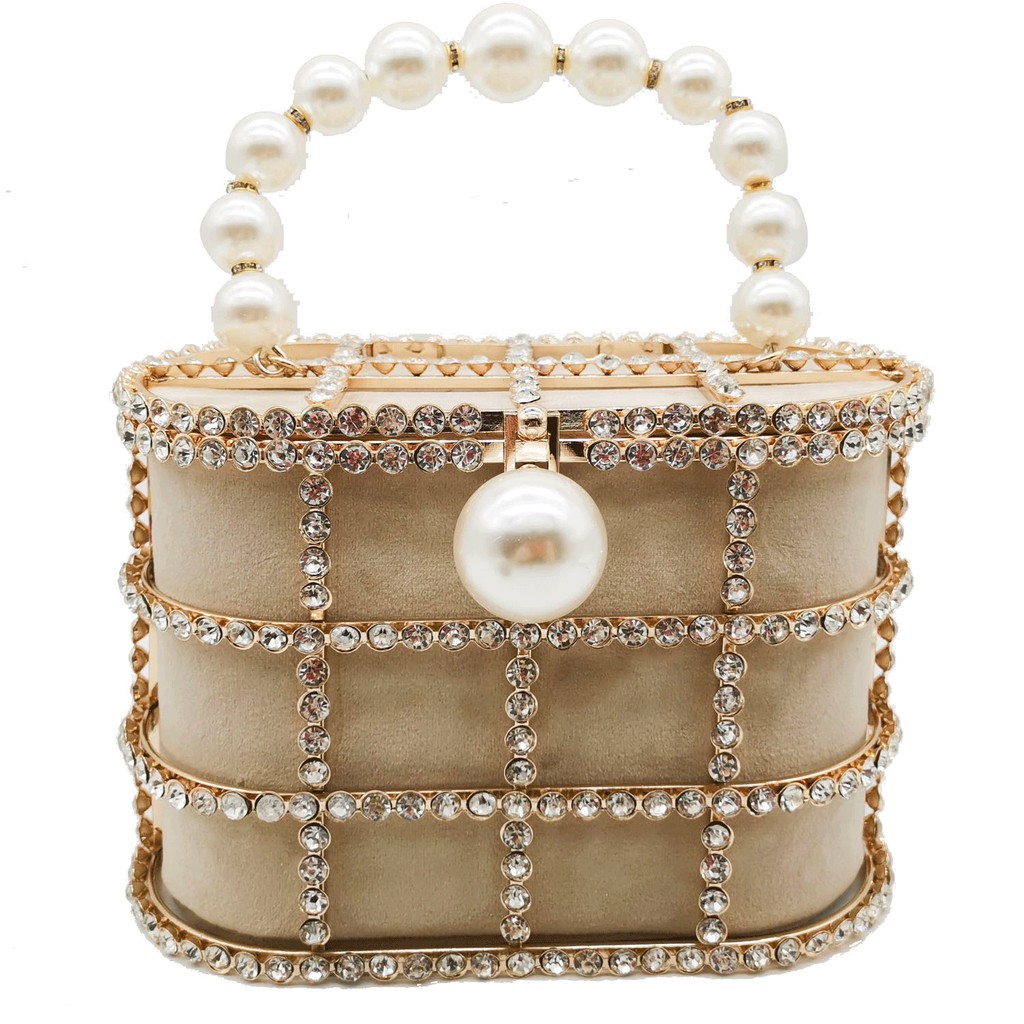 Túi clutch xinh giỏ tiệc hình trụ đi tiệc sang trọng kèm quai ngọc trai giả
