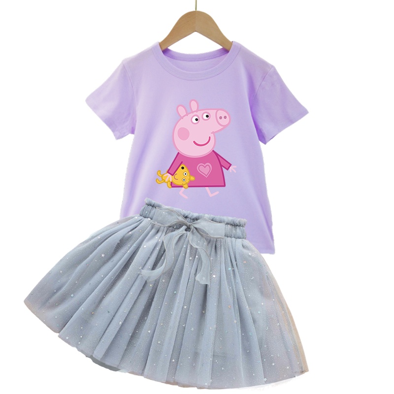 Bộ 2 Món Áo Thun Cotton Mỏng In Hoạt Hình Heo Peppa Phối Chân Váy Tutu Đính Kim Sa Thời Trang 2022 Cho Bé Gái