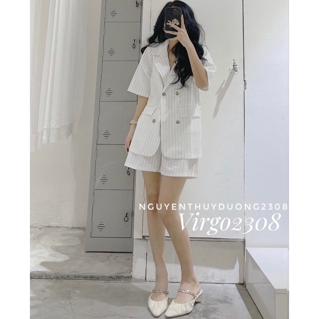 [Ảnh thật/Sẵn]Set vest kẻ sọc 4 cúc ngắn tay/Set blazer kẻ sọc ngắn tay | BigBuy360 - bigbuy360.vn