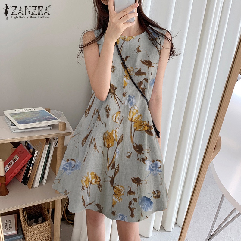 Đầm Zanzea ngắn không tay cổ tròn in họa tiết hoa phong cách Vintage Hàn Quốc dành cho nữ