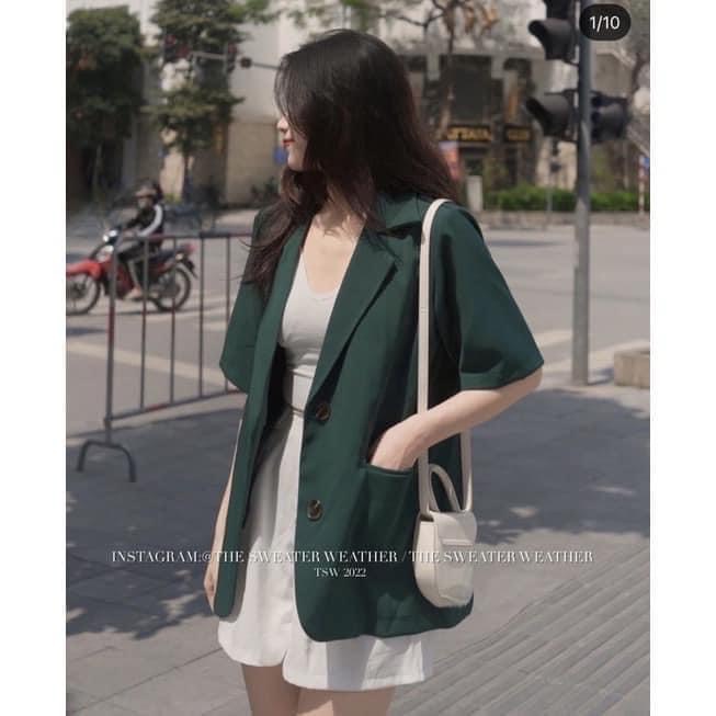 [ẢNH THẬT]Áo blazer đệm vai dài tay 2 màu đen trắng  sang chảnh trơn- dáng suông rộng trượt vạt bầu dáng rộng- áo khoá