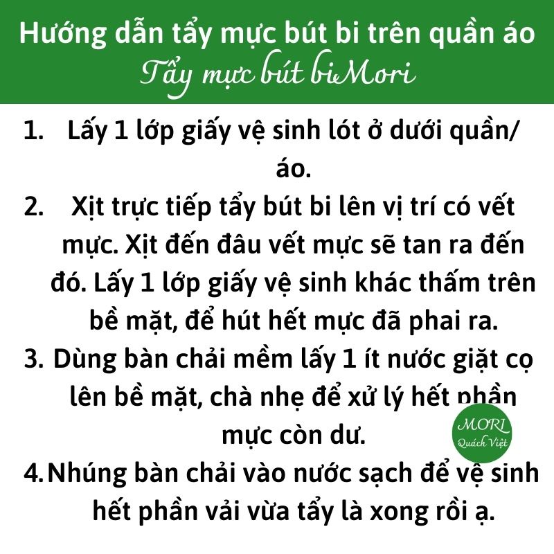 Tẩy mực bút bi mori, tẩy vết mực bút bi trên quần áo, đồ da, chai 250ml, quachviet208