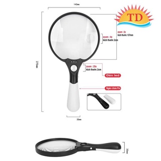 Kính lúp cầm tay loại đại magnification TH-607B (Viền đen) , zoom 2x 4x 25x , Lens 137mm, có 3 đèn Led