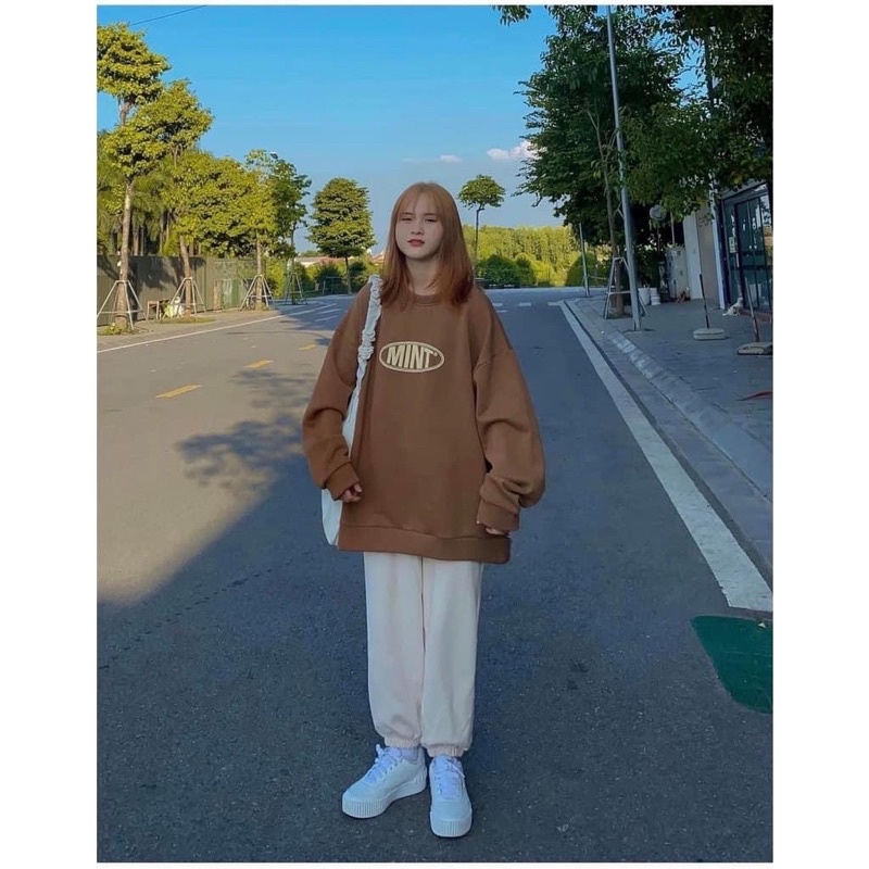 Áo Nỉ Sweater Nữ Form Rộng Màu Nâu Dáng Rộng Ulzzang In Chữ MINT