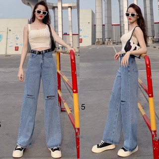 Quần jean nữ dáng quần dài ống suông rách gối màu xanh xám siêu tôn dáng