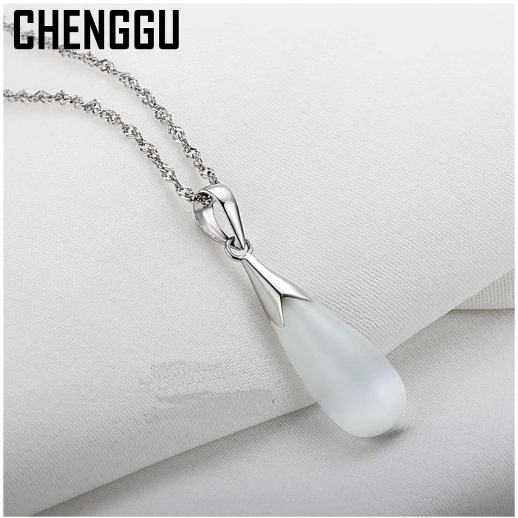 Korean version of 925 silver Color stone drop pendant female crystal natural crystal Moonstone lock chain jewelry for women|Pendants|