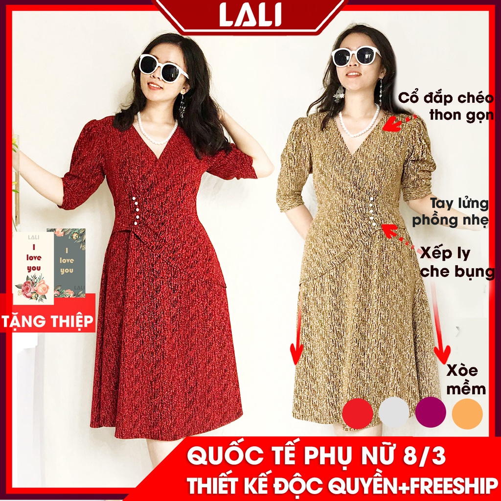 Váy trung niên cổ đắp tay phồng đính hạt thun nhũ co dãn, Đầm trung niên tay lửng LALI MS21
