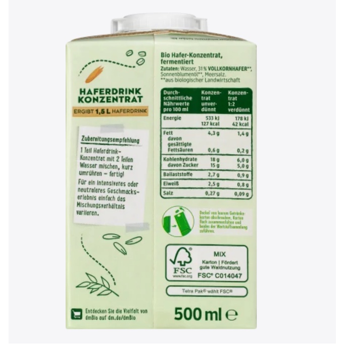 Nước uống yến mạch hữu cơ Bio Pro Climate Đức 0,5L cô đặc thuần chay - Shop Viloet