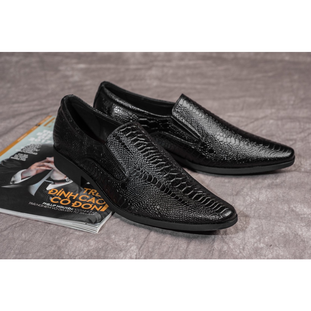 Giày lười da bò, giày tăng chiều cao 7 cm dập vân