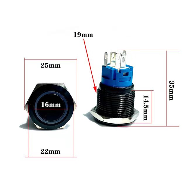 Công Tắc Nhấn Chống Thấm Nước 19mm Đèn LED 5V 12V 24V Màu Đen