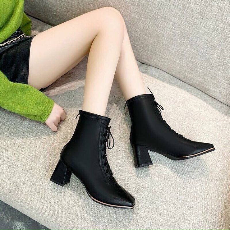 H(ẢNH THẬT) Boot Đen 6p Cổ Thấp Gót Vuông Dây Buộc Da Mềm Êm Fullbox