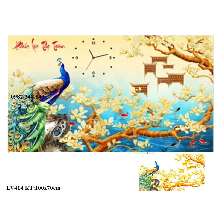 Tranh đính đá đồng hồ chim công KT:100x70cm. Tranh gắn đá tự đính.