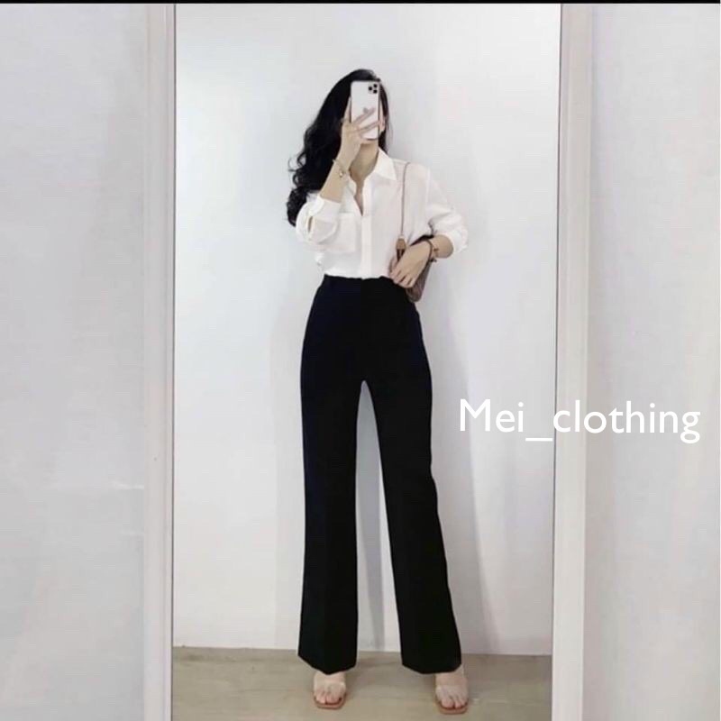 [Ảnh thật/video] Quần tây 2 cúc ống loe dày dặn màu đen