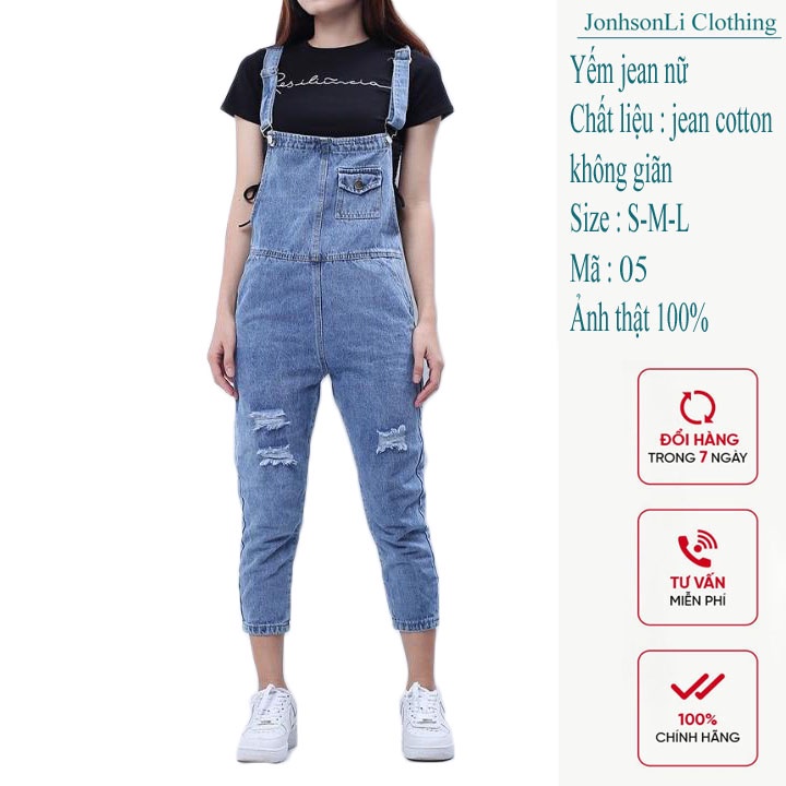 Yếm jean dài nữ rách JL JohnsonLi  – yếm bò ulzzang phong cách hàn quốc LB05