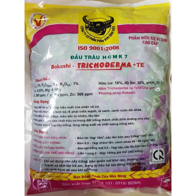 Phân bón Đầu Trâu HCMK7 Trichoderma + TE (gói 1kg)