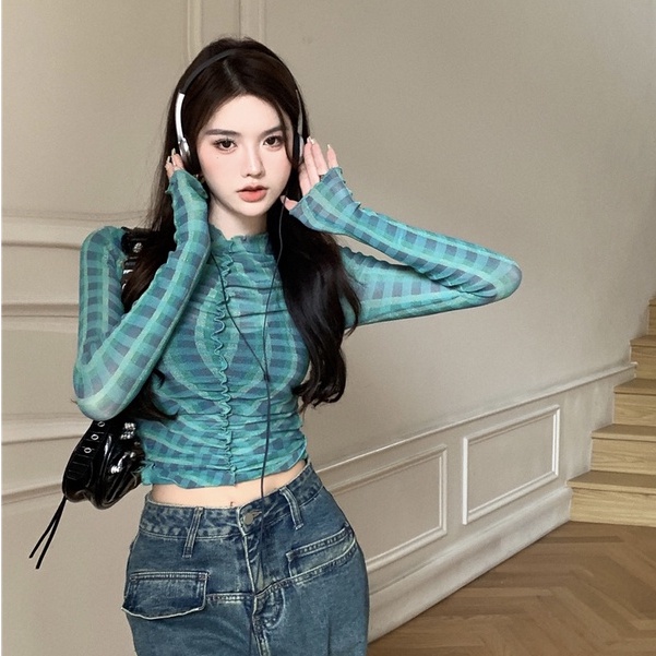 Phiên Bản Hàn Quốc Bán Chạy Đầm Ôm Dáng Xếp Ly Viền Nấm Viền Sọc Dài Gợi Cảm Cho Nữ