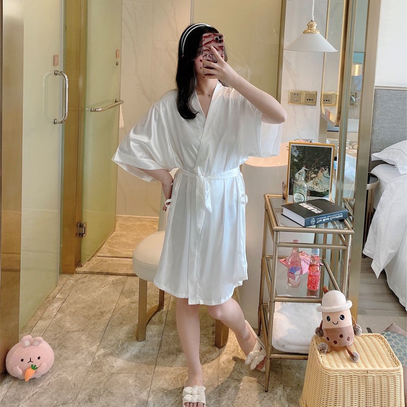 Váy ngủ xuân thu phiên bản hàn quốc, pijama nữ lụa, phong cách mỏng mùa hè, áo choàng tắm sexy trắng Nhật Bản, đồ mặc nh