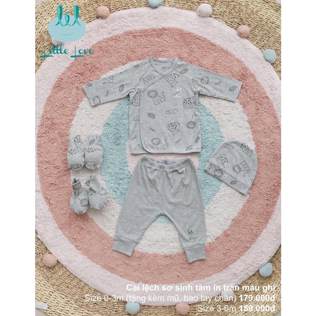Bộ quần áo dài tay cài lệch chất vải tăm in tràn cho trẻ từ 0-6m little love (LDT83)