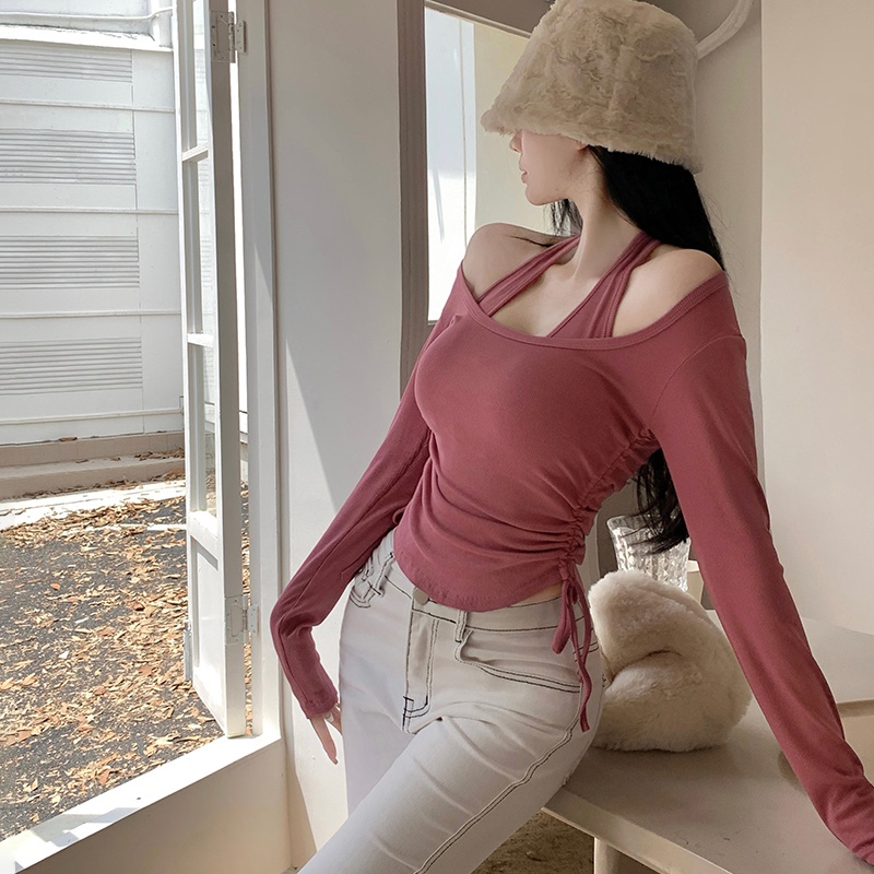 Set Áo Hai Dây + Áo Thun Tay Dài Màu Sắc Đơn Giản Phong Cách Retro Dành Cho Nữ