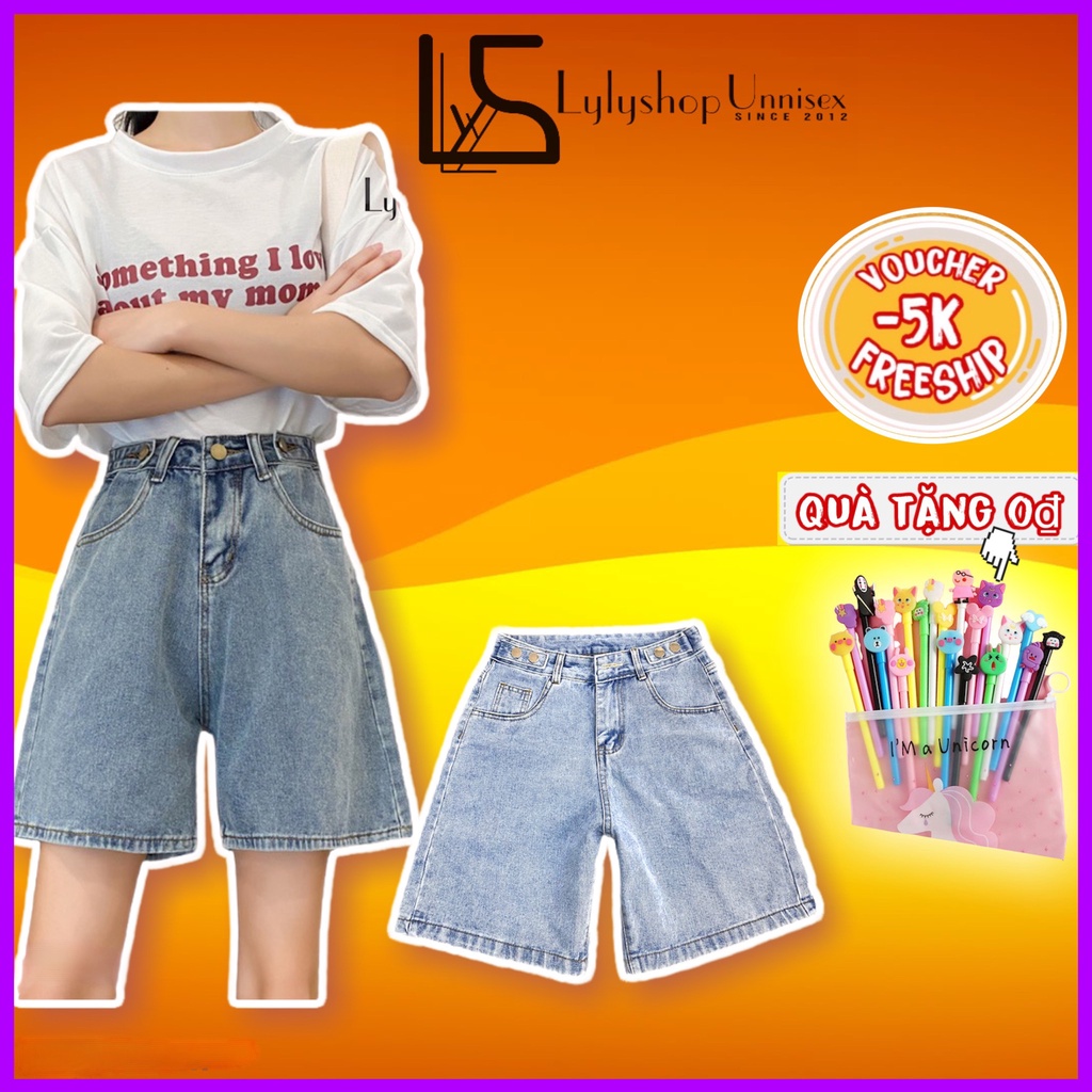 Quần short jean nữ ống rộng LylyshopUnisex có cúc eo, quần sooc đùi chất bò mềm mịn kiểu ống rộng suông nhiều mẫu