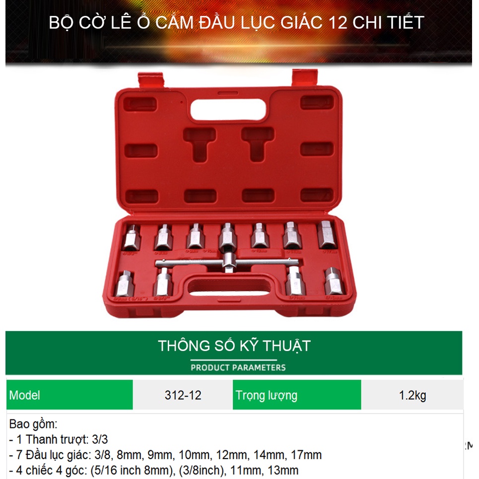 Bộ đầu khẩu lục giác thanh 3/8 với 12 chi tiết TUOSEN (hộp màu đỏ)