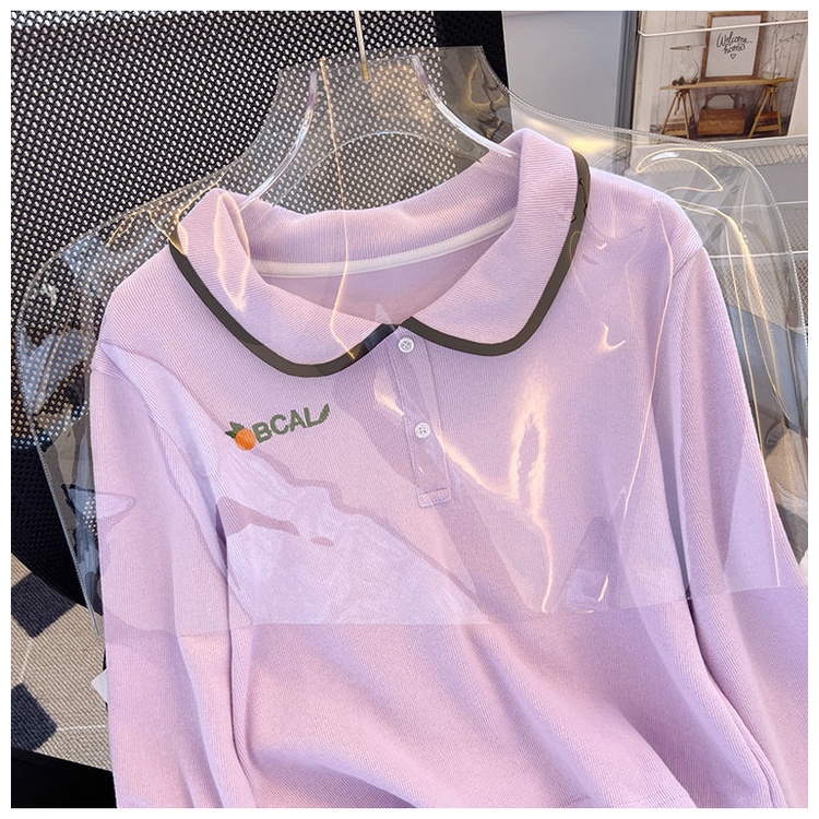 Áo Thun Lửng Tay Dài Có Cổ Thêu Chữ Thời Trang Mùa Thu Mới Cho Nữ