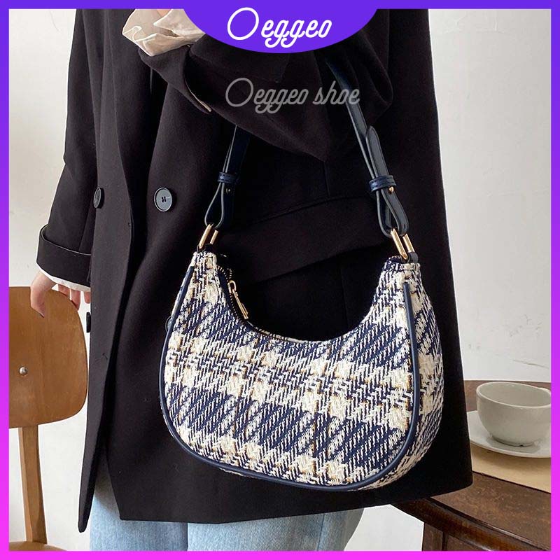 Oeteo Túi Xách Đeo Vai Vải Bạt Họa Tiết Kẻ Sọc Có Khóa Kéo Cho Nữ