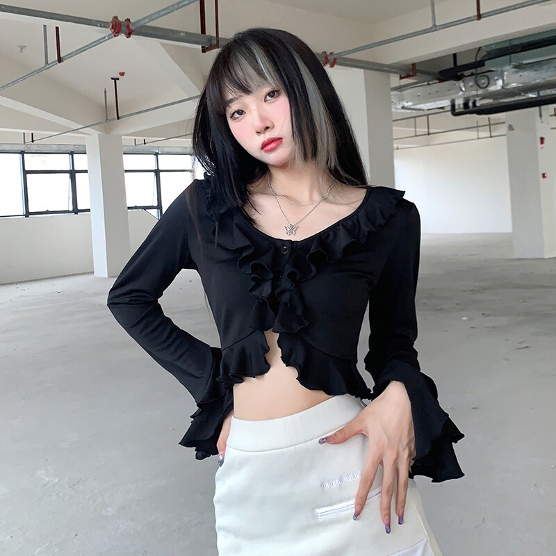 Kliou 2023 Mới vào mùa hè Áo Crop Top Tay Dài Loe Cổ Chữ V Phối Bèo Phong Cách Pháp Thanh Lịch Thời Trang 2022 M 'V O M A H
