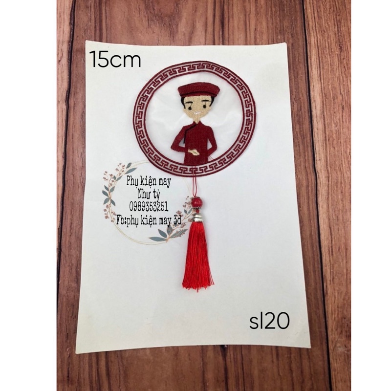 tấm ren thêu tròn cô dâu chú rể 15cm