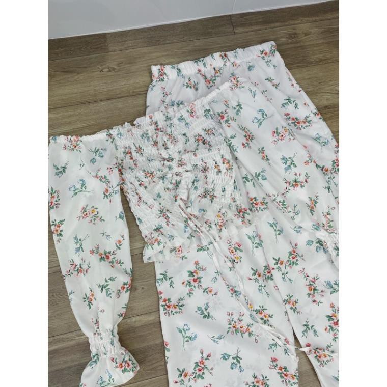 Set Voan Hoa Nhí Áo Croptop Ôm Body Tay Dài Quần Voan Lưng Chun Ống Rộng Trắng Đỏ Hồng Vàng DRSET16 Mys Unicorn Fashion