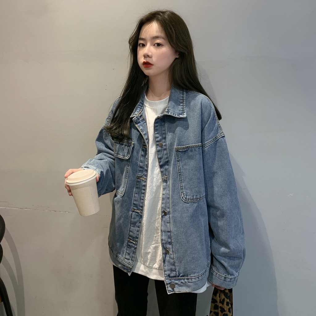 Áo khoác bò nữ Áo khoác denim jean dáng rộng trẻ trung đường phố dài retro