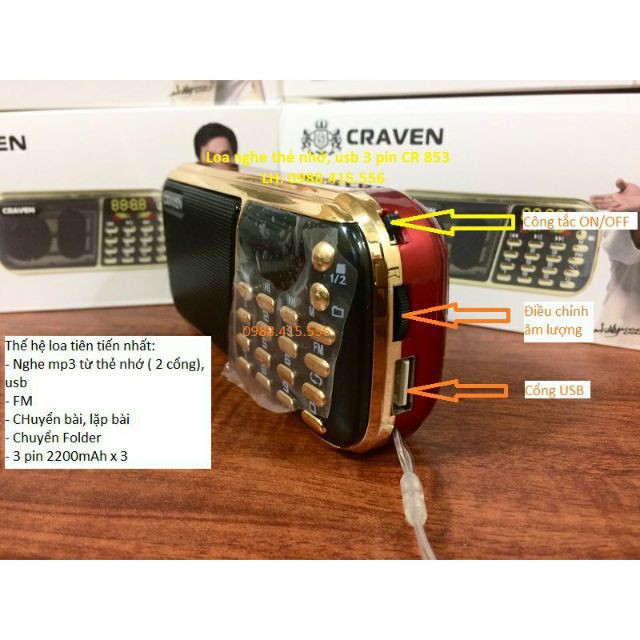 Loa Đài CRAVEN CR-853, 3 Pin Siêu Khỏe, Nghe Pháp Niệm Phật, Giúp Bé học Tiếng Anh, Hỗ Trợ USB/Thẻ Nhớ/Đài FM