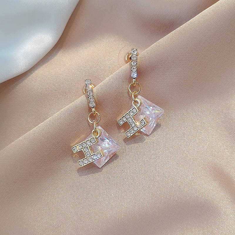 Bông Tai Chữ H Đính Đá Zircon Bằng Bạc 925 Thời Trang