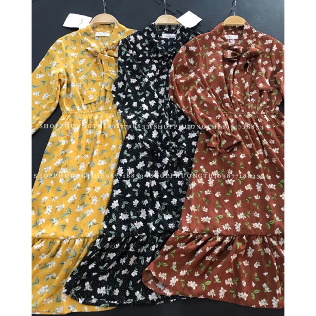 [Mã WARN20 giảm 20k đơn 150k] Váy hoa nhí cổ nơ chun eo dài tay ( hình shop tự chụp kèm video ) | BigBuy360 - bigbuy360.vn