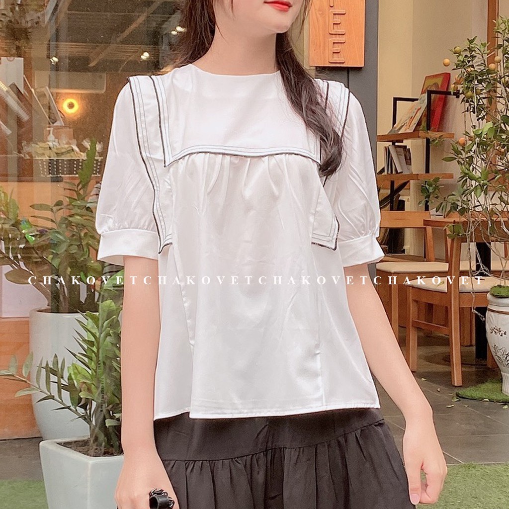 Áo babydoll nữ tay ngắn, kiểu sơ mi nữ cộc tay cổ tròn sành điệu cá tính, áo kiểu nữ họa tiết ngực bèo dáng xinh -cka802