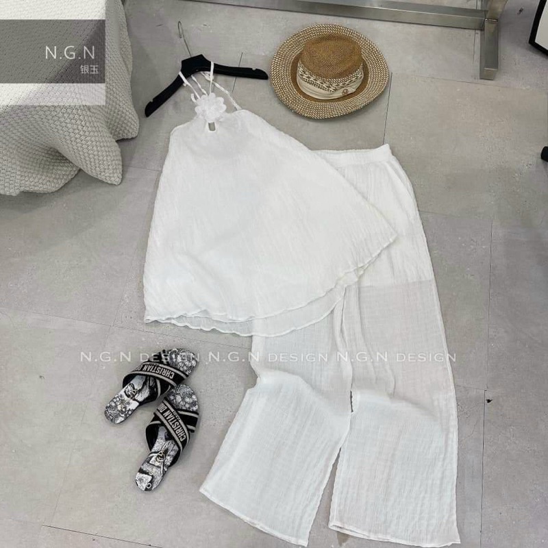 Sét yếm quần suông vải xốp nhăn