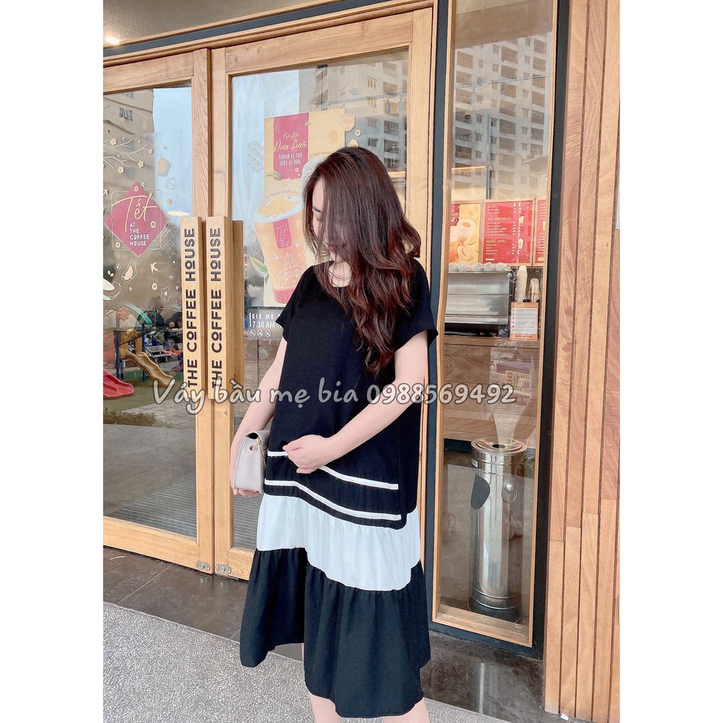 Váy bầu bigsize -Đầm bầu thiết kế GuMe màu đen đuôi cá 3 tầng phối trắng nhẹ nhàng chất vải sạn lụa sz từ 40-100kg MB63