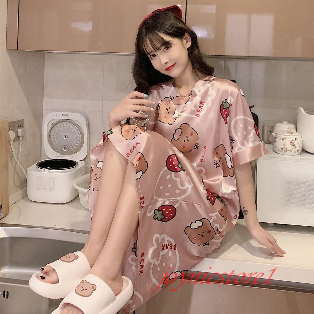 Đầm ngủ tay ngắn chất lụa lạnh mỏng dáng rộng thời trang mùa hè xinh xắn thoải mái cho nữ