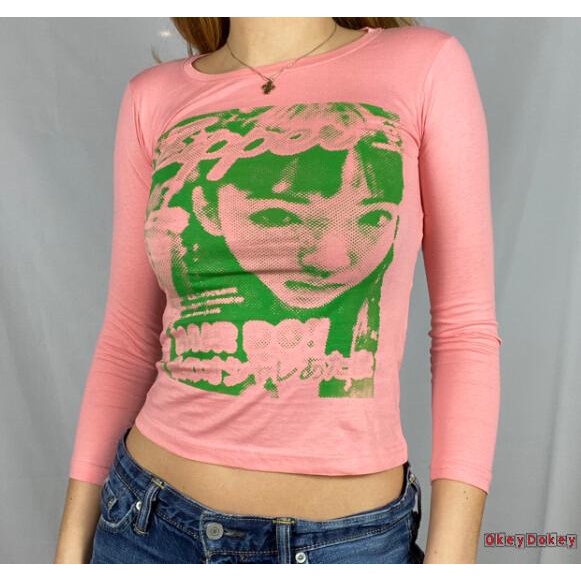 Áo thun tay dài cổ tròn in hình mặt người cá tính